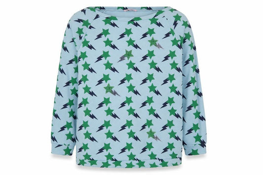 Front view of Blufin women’s blue geometric cotton pullover sweatshirt, size UK 12