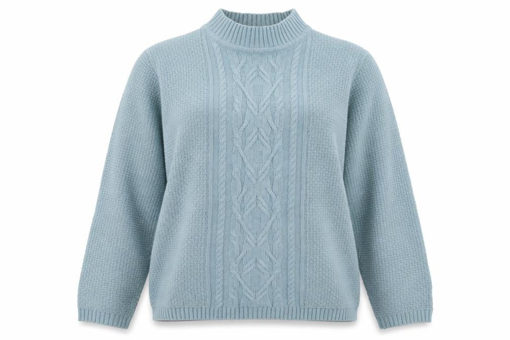 Front view of Isle Essentials women’s green high neck acrylic jumper, size UK 14