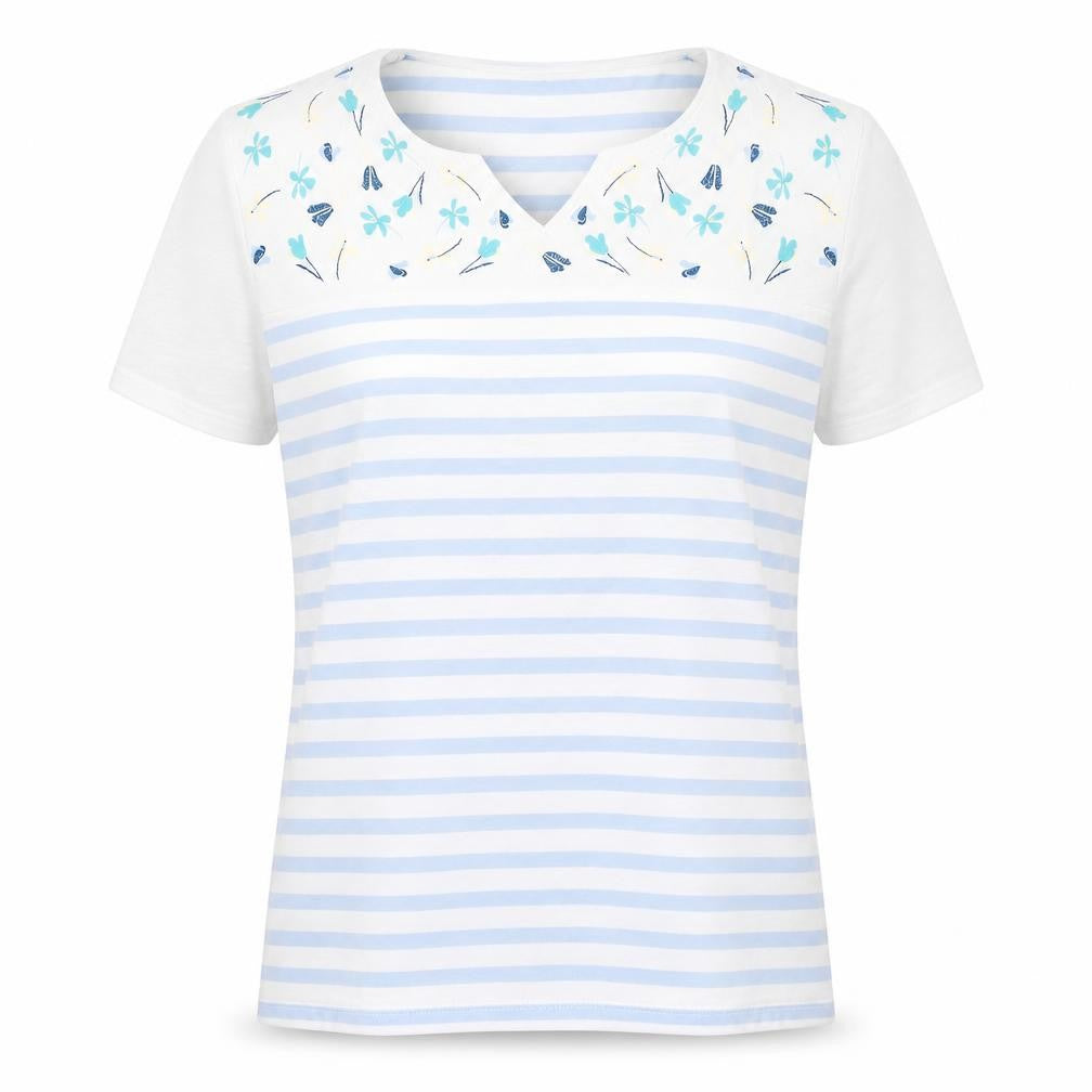 Front view of Isle Essentials women’s white striped cotton basic t-shirt, size L, v-neck