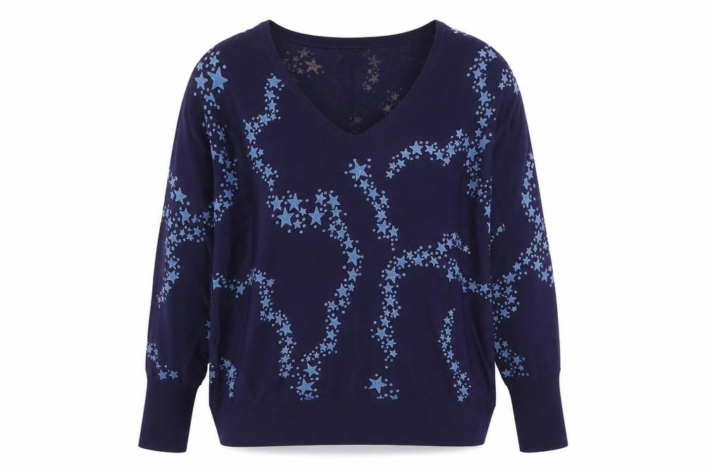Front view of Next women’s blue v-neck geometric viscose jumper, size S, - stars