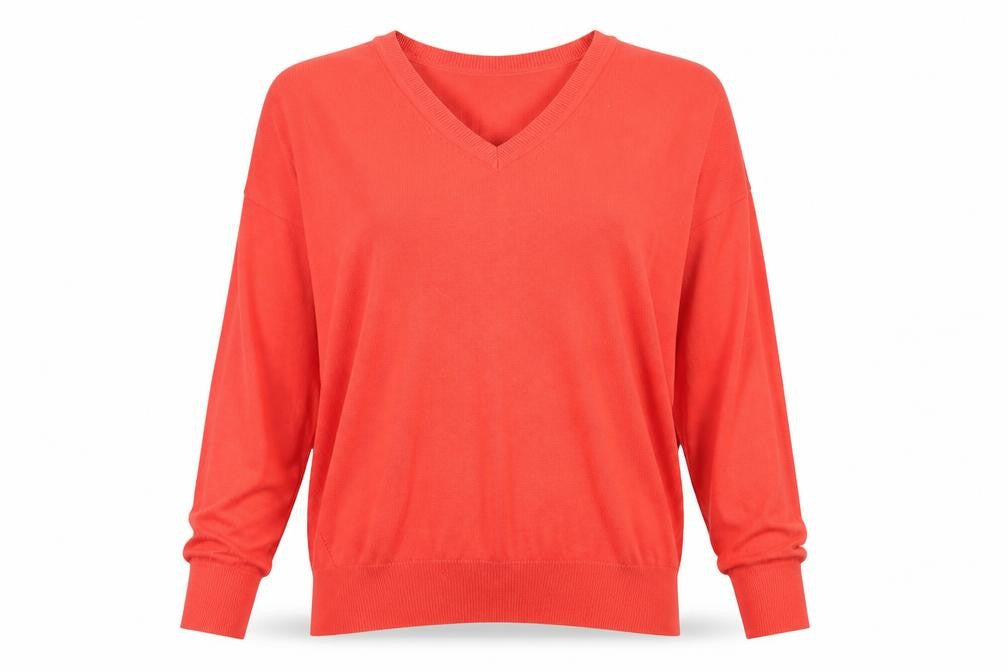 Front view of Dunnes women’s red v-neck cotton jumper, size M