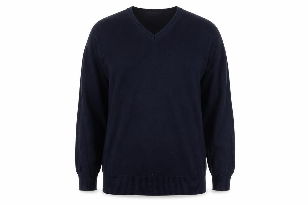 Front view of Trutex men’s blue v-neck cotton jumper, size L