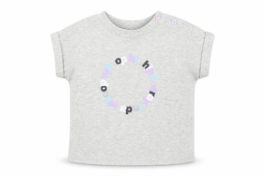 Front view of Mint Velvet girls’ grey cotton basic t-shirt, size 0-3, months round neck pullover - hooray