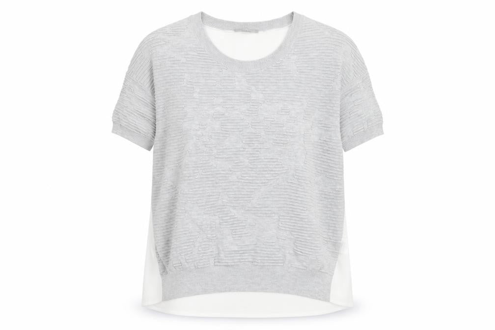Front view of TUZZI women’s grey round neck viscose jumper, size UK 14