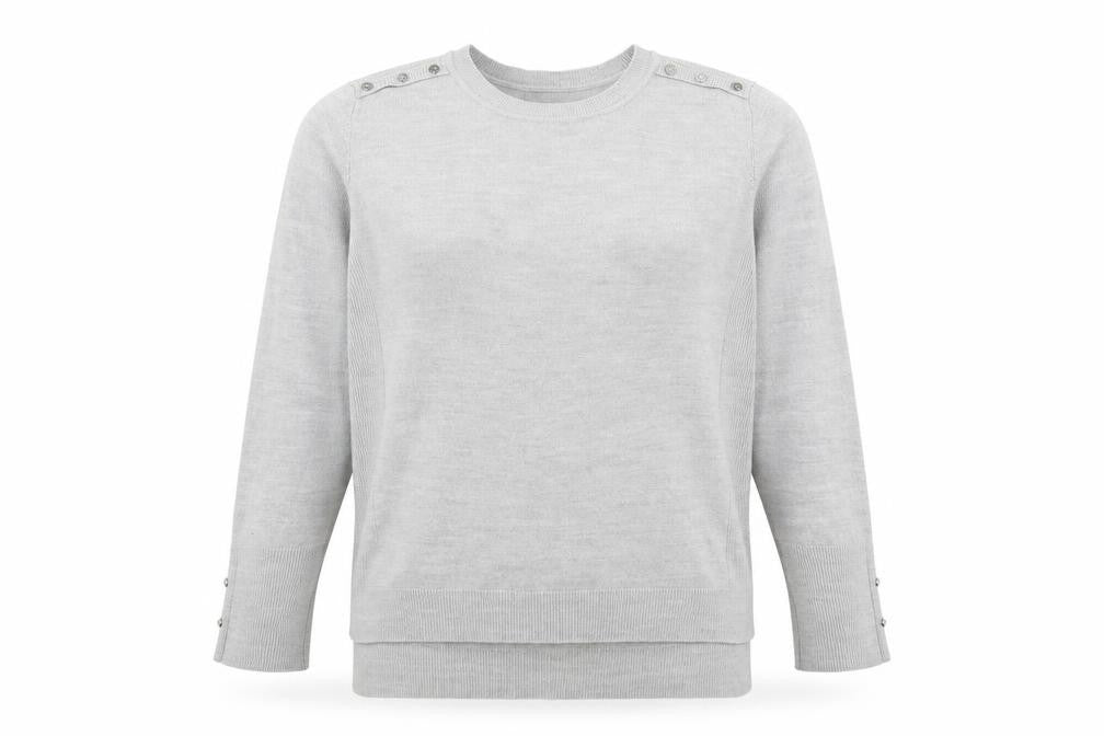 Front view of Primark women’s grey round neck acrylic jumper, size UK 12