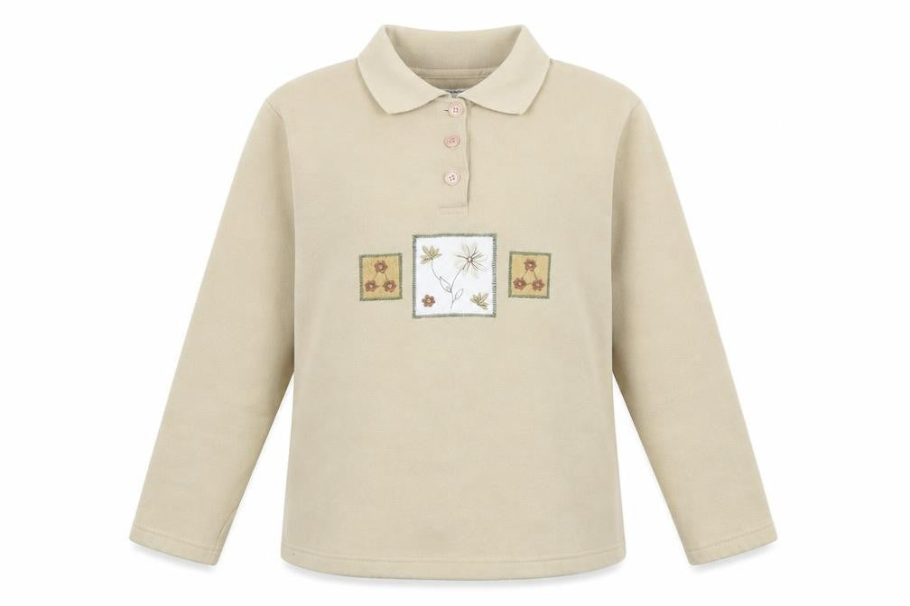 Front view of Neutral Territory women’s beige polyester pullover sweatshirt, size S, button