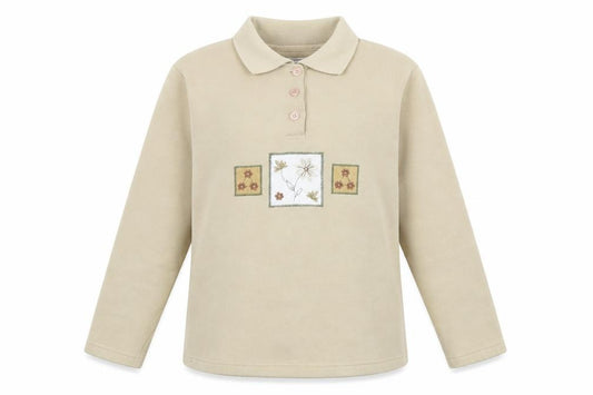 Front view of Neutral Territory women’s beige polyester pullover sweatshirt, size S, button