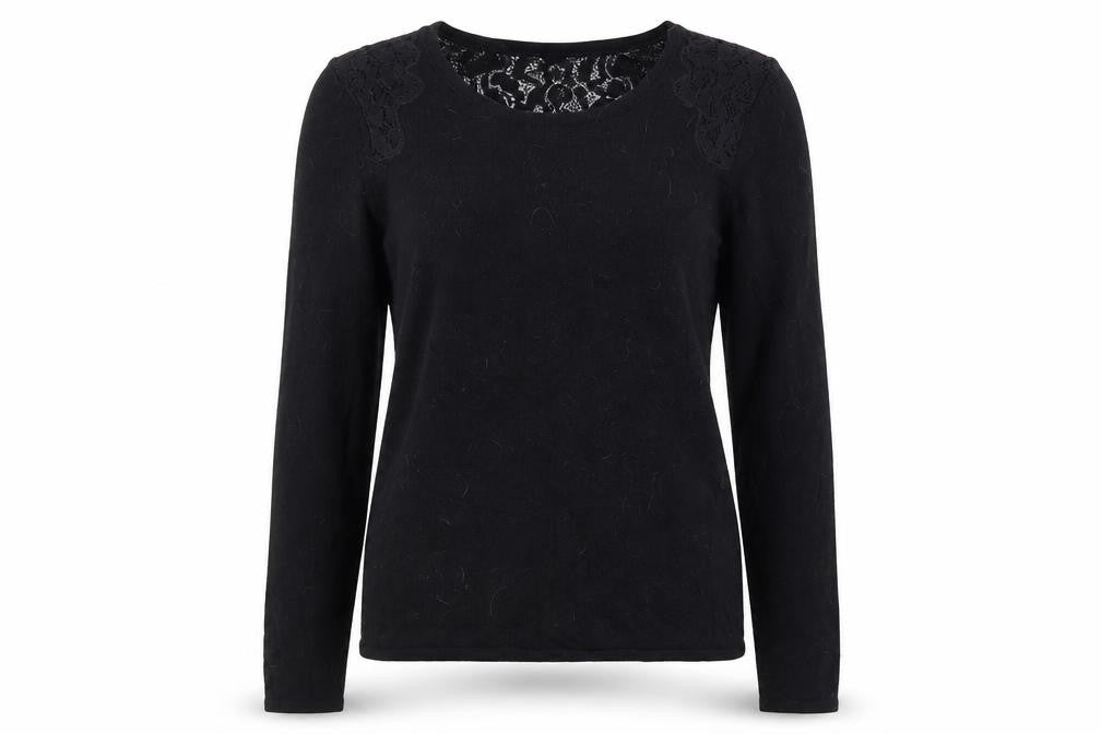 Front view of Monsoon women’s black round neck viscose jumper, size UK 8