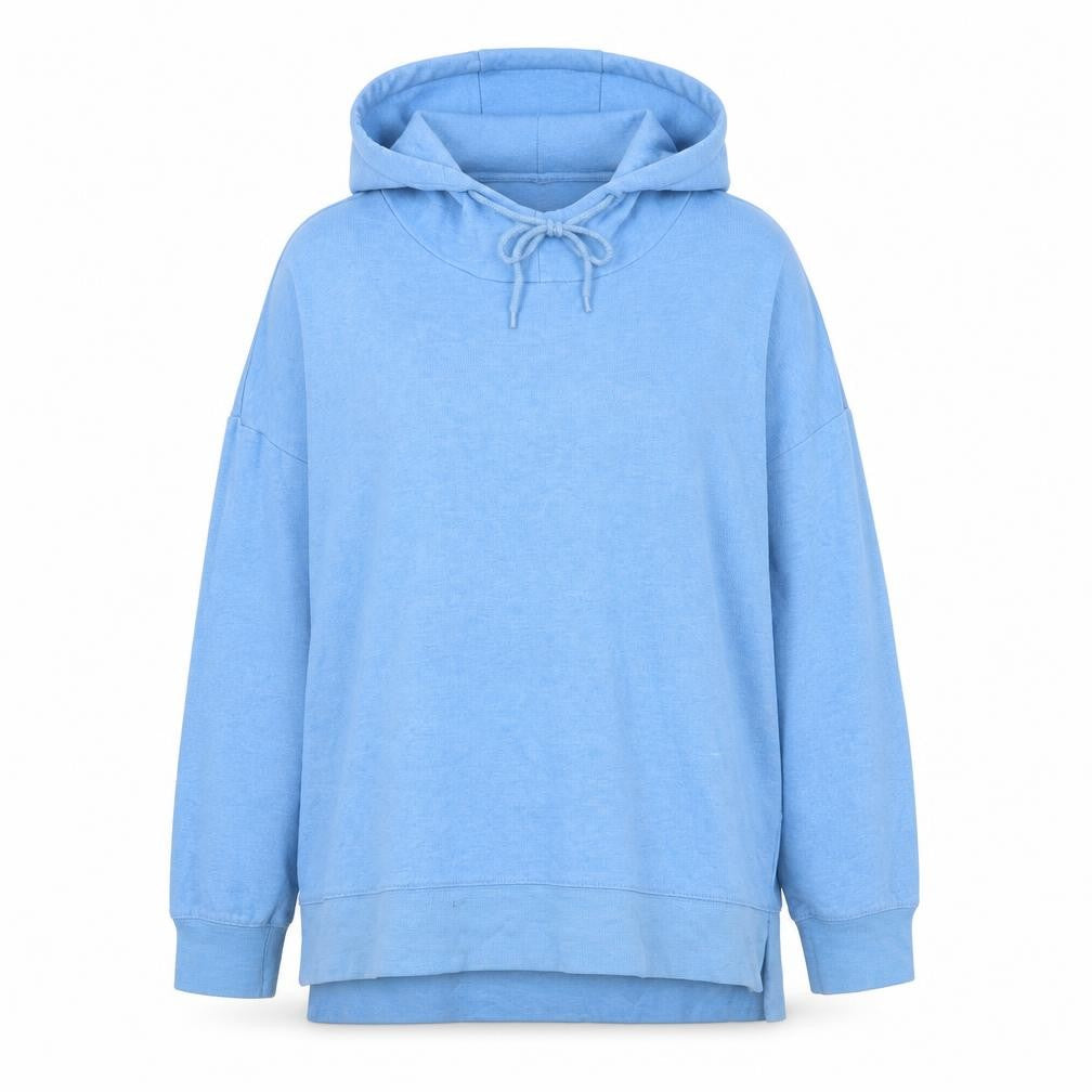 Front view of Dunnes women’s blue polyester pullover hoodie, size L, pullover