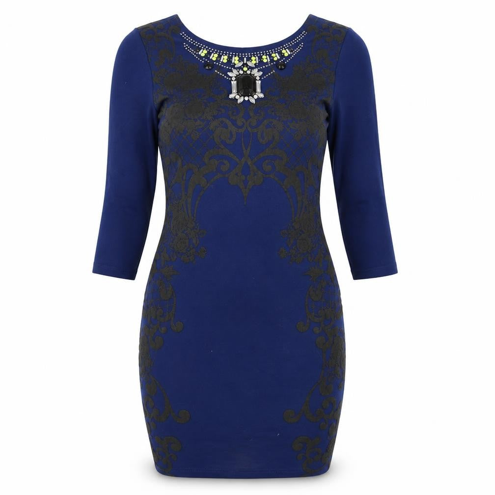 Front view of River Island women’s blue floral cotton bodycon, size UK 10, round neck pullover