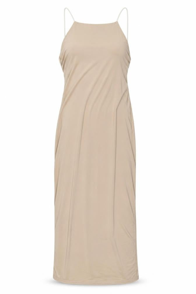 Front view of Missguided women’s beige polyester pencil dress, size UK 14, high neck pullover
