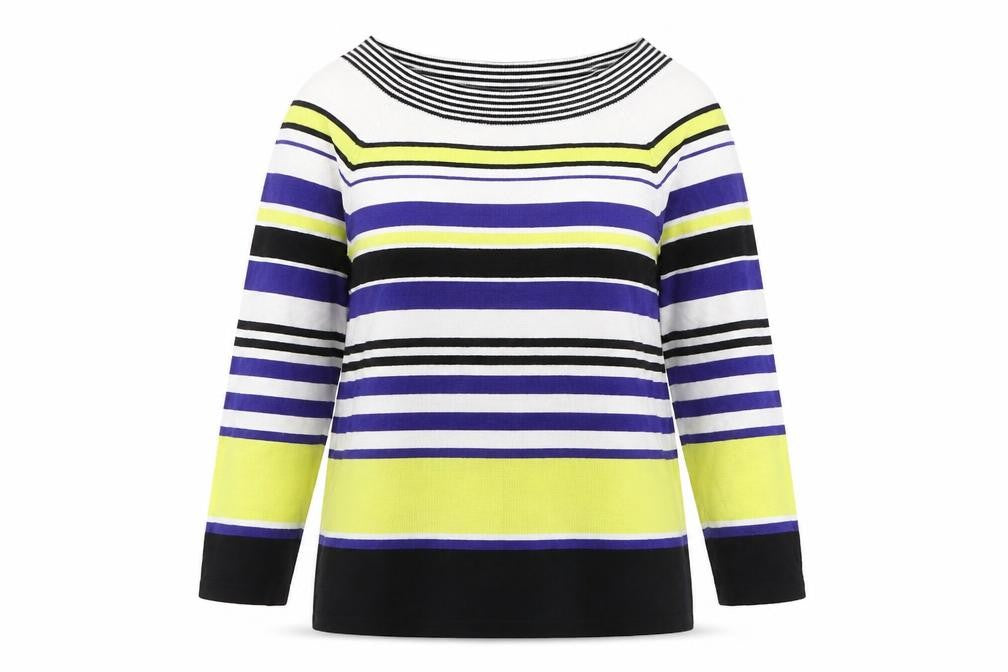 Front view of M&Co women’s multicoloured boat neck striped viscose jumper, size UK 14