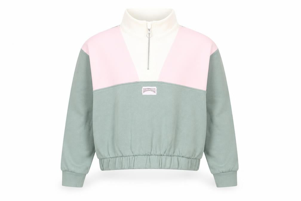 Front view of Primark girls’ green colourblock cotton pullover sweatshirt, size 11-12, years pullover