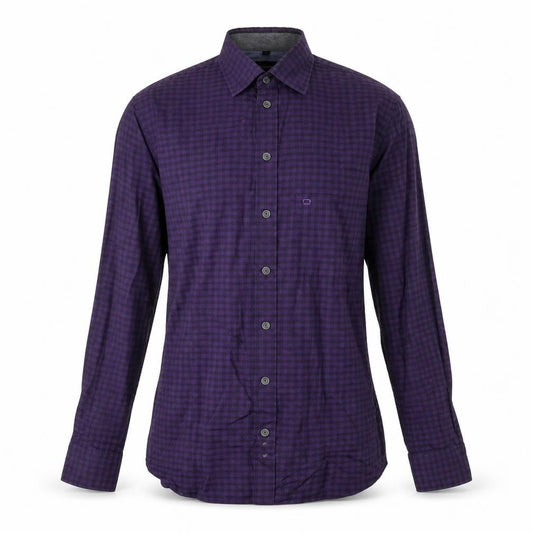 Front view of Olymp men’s purple plaid cotton button-up, size M, collared