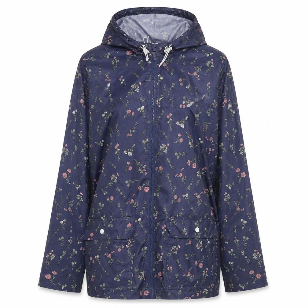 Front view of ANNE DE LANCAY women’s blue floral rain coat coat, size M