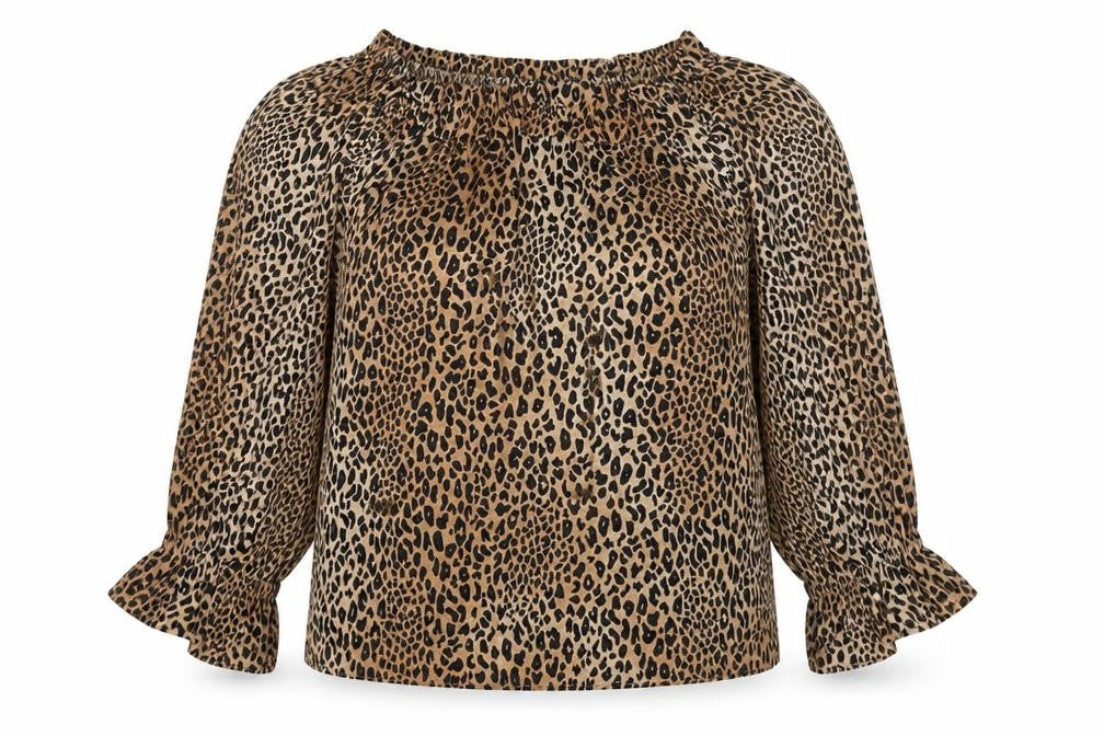 Front view of Divided by H&M women’s brown animal print polyester basic polo, size UK 8, round neck