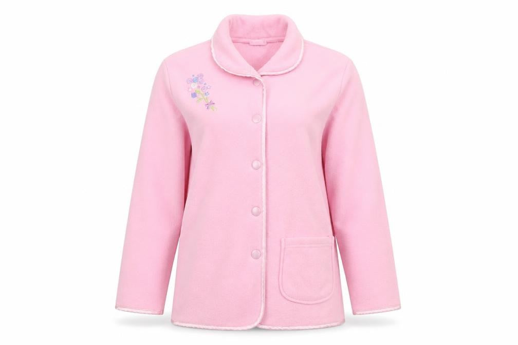 Front view of Cate De Moi women’s pink collared polyester cardigan jumper, size UK 16