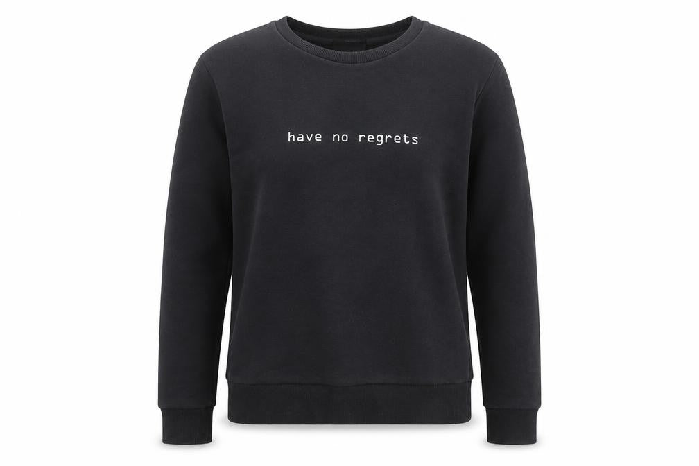 Front view of Atmosphere women’s grey polyester pullover sweatshirt, size UK 6, - have no regrets