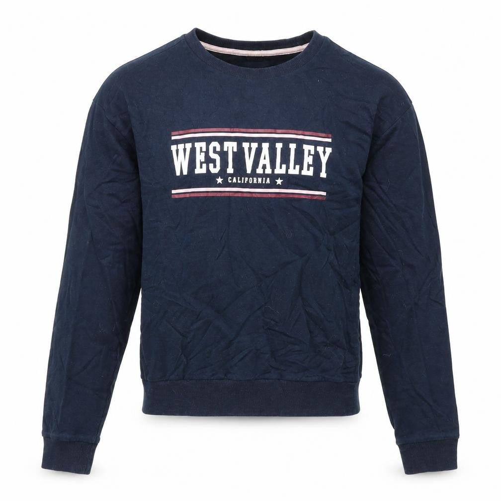 Front view of H&M men’s blue cotton pullover sweatshirt, size XS