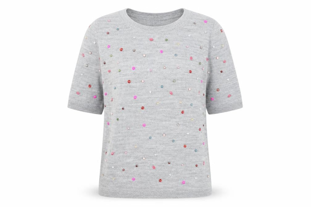 Front view of Marks & Spencer women’s grey round neck acrylic jumper, size UK 8