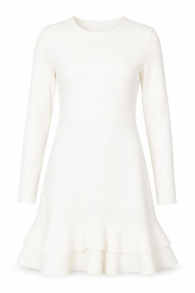 Front view of Boohoo women’s white polyester fit & flare, size UK 8, round neck