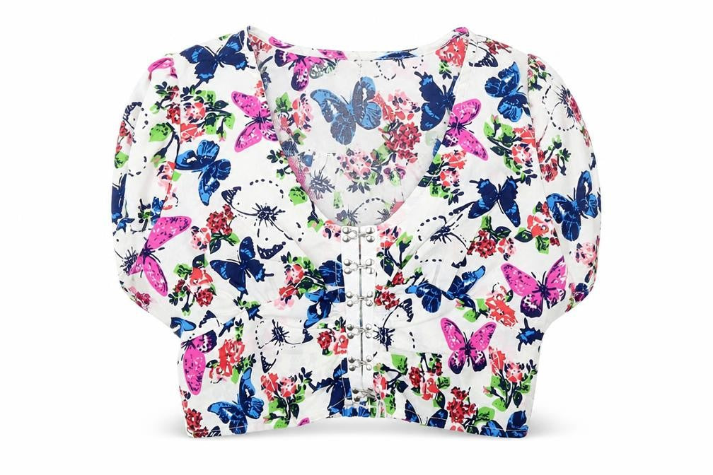 Front view of Chemisty women’s multicoloured floral polyester basic blouse, size UK 10, v-neck