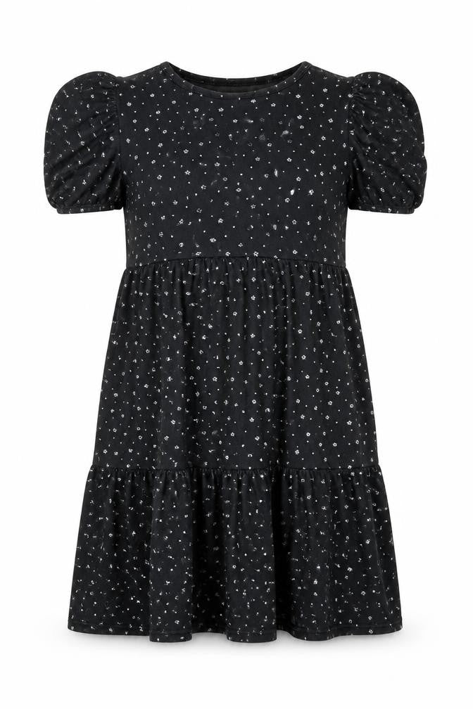 Front view of COLLECTIVE women’s black floral polyester mini, size UK 10, crew neck