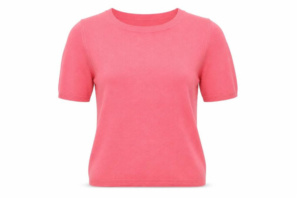 Front view of Marks & Spencer women’s pink round neck acrylic jumper, size UK 12