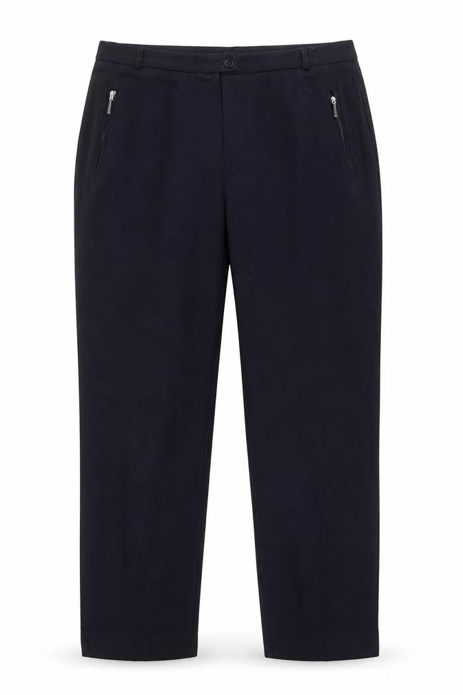 Front view of Marks & Spencer women’s blue polyester trousers, size UK 14, 27-inch leg regular zip