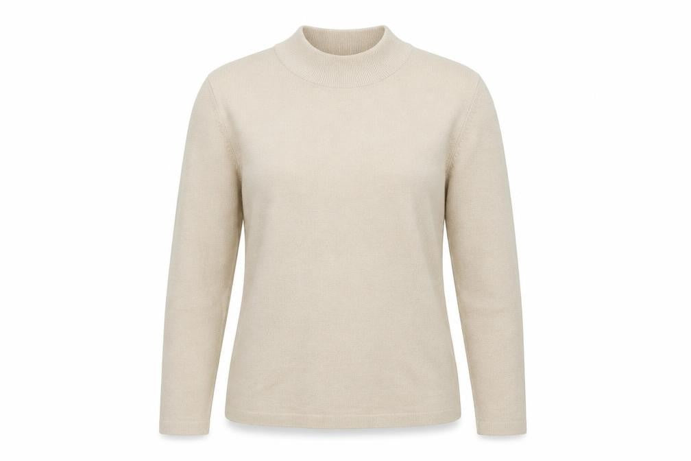 Front view of Mona women’s beige high neck modal jumper, size UK 12