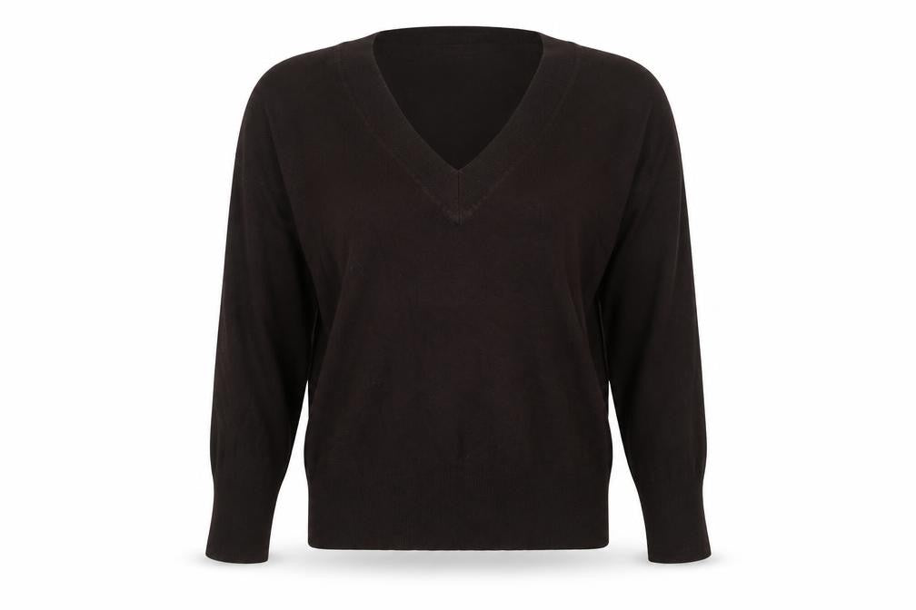 Front view of New Look women’s brown v-neck acrylic jumper, size M