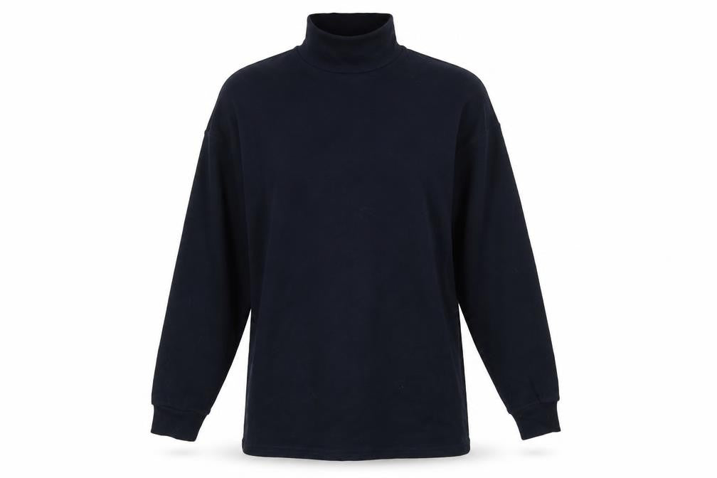 Front view of Preworn women’s blue cotton basic t-shirt, size UK 8, high neck