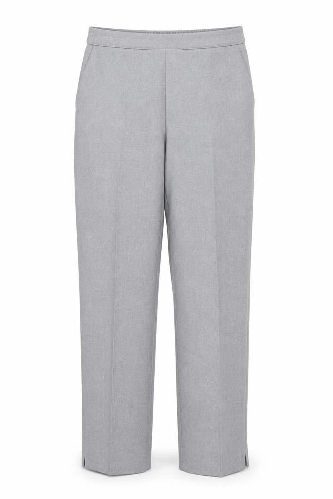 Front view of Preworn women’s grey polyester trousers, size UK 12, 30-inch leg regular