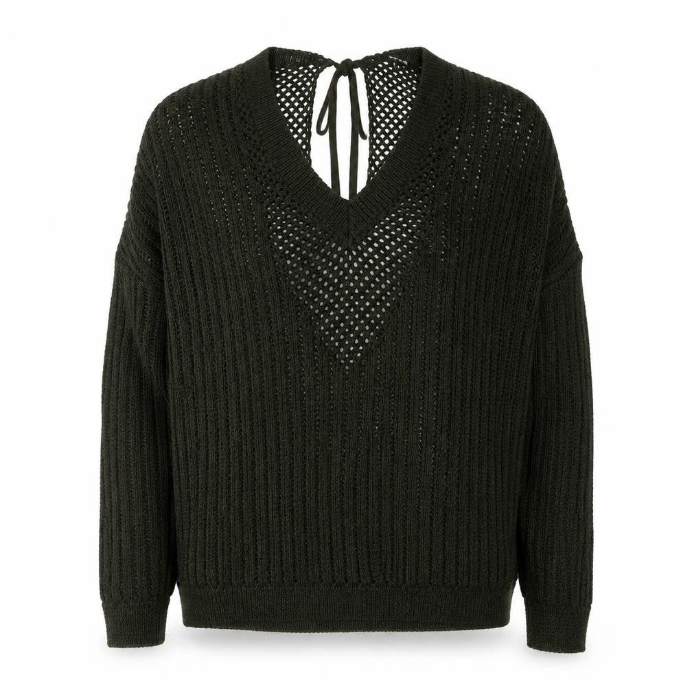 Front view of River Island women’s green v-neck acrylic jumper, size UK 6