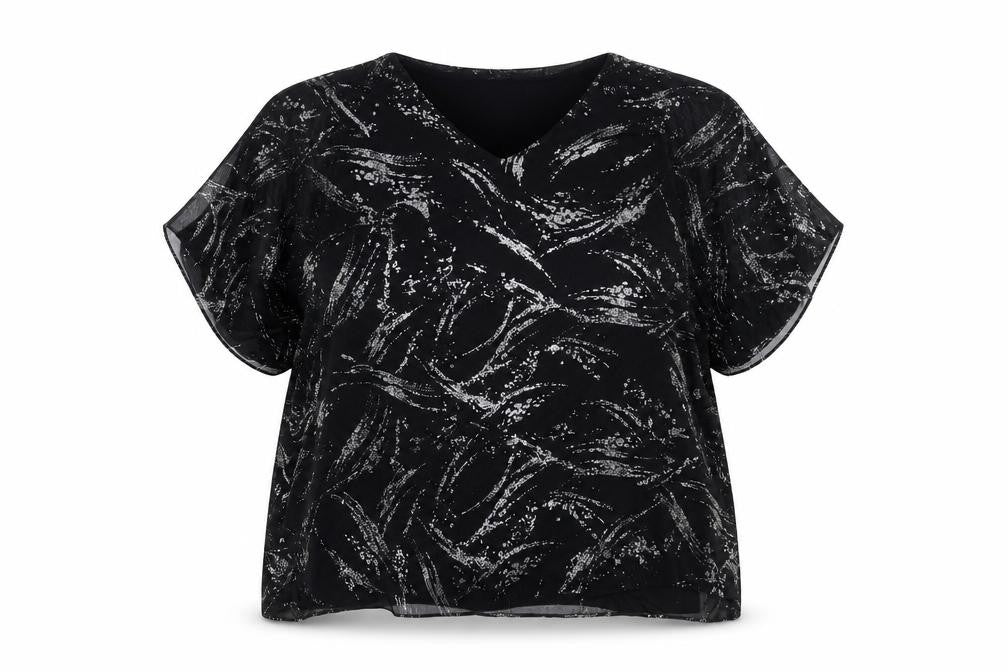 Front view of Gerard women’s black geometric polyester basic blouse, size UK 20, v-neck