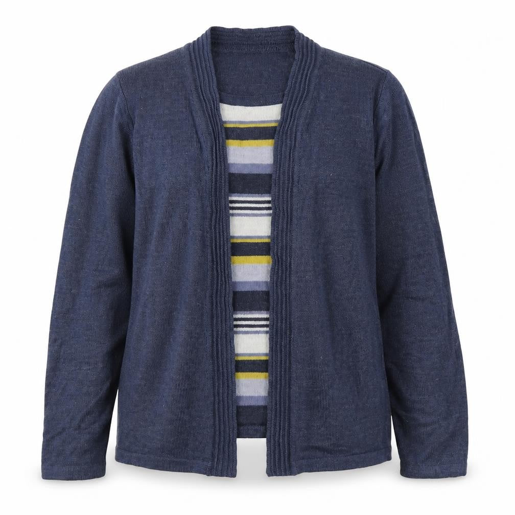 Front view of EWM women’s blue scoop neck striped acrylic jumper, size S