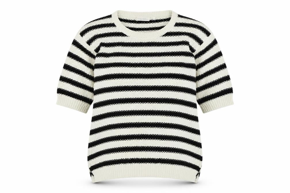 Front view of Dolce Stella women’s black round neck striped acrylic jumper, size M