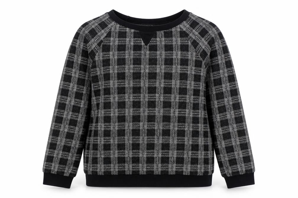 Front view of Promod women’s black plaid polyester pullover sweatshirt, size L, pullover