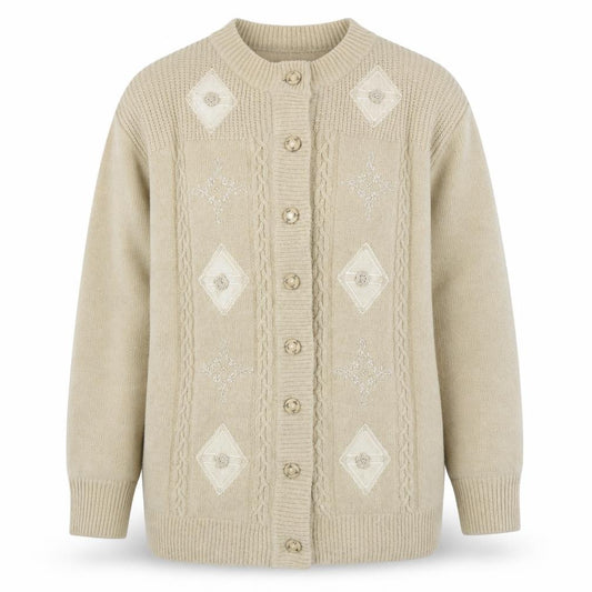 Front view of Reflect Collection women’s beige jacket coatigan, size L, button