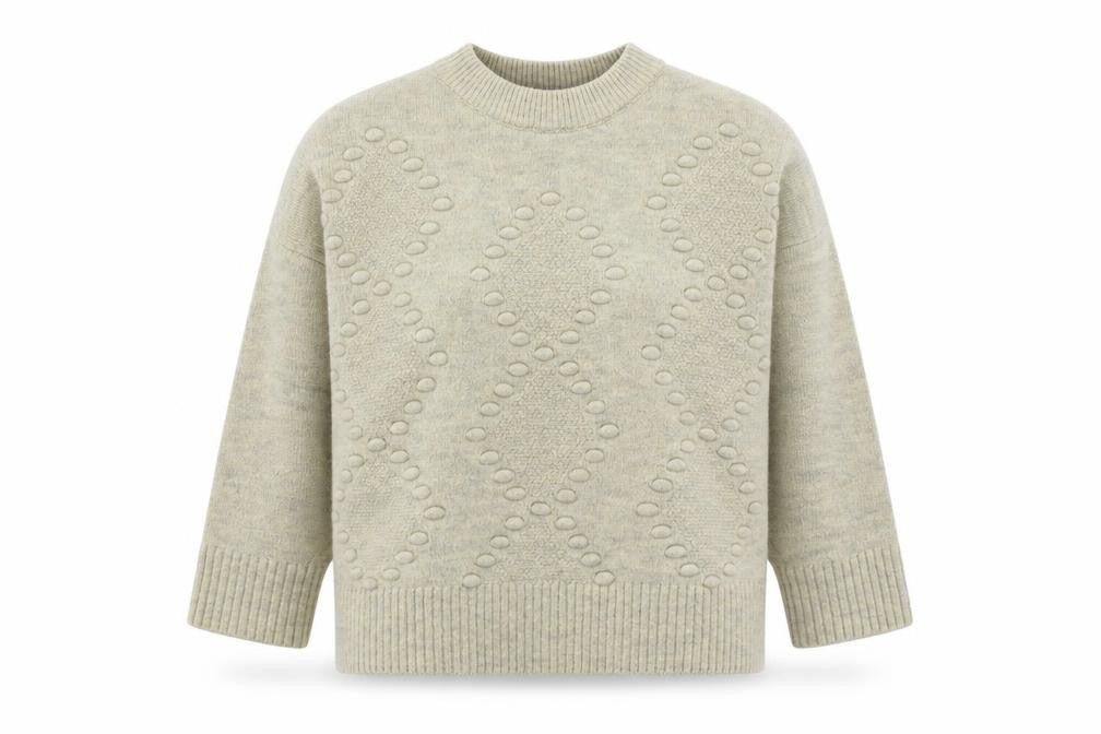 Front view of New Look women’s beige round neck acrylic jumper, size S