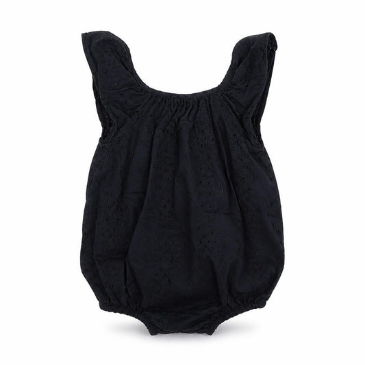 Front view of Babyk girls’ black cotton romper outfit/set, size 0-3, months