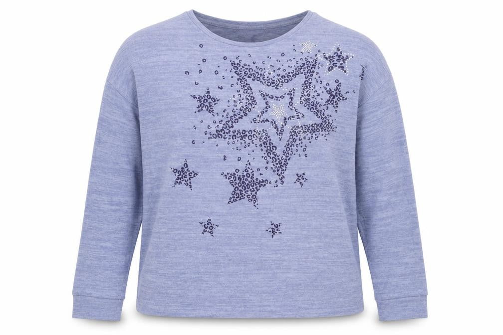 Front view of Papaya women’s purple crew neck polyester jumper, size UK 12