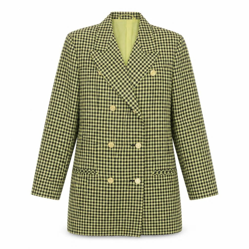 Front view of Country Casuals women’s green plaid jacket, size UK 8, button