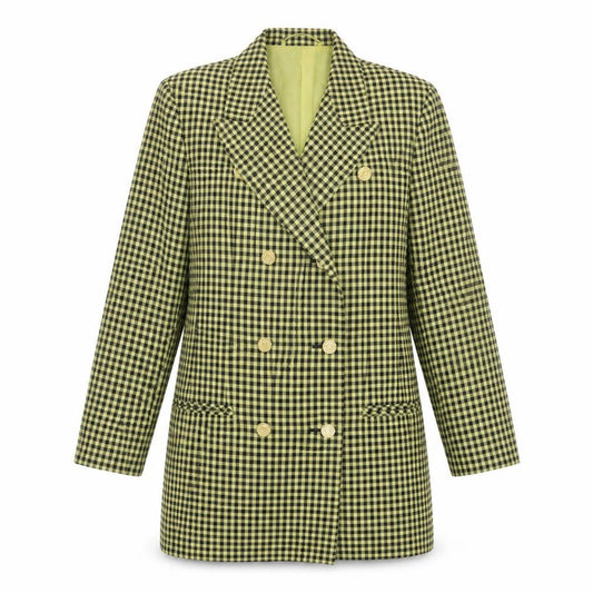 Front view of Country Casuals women’s green plaid jacket, size UK 8, button