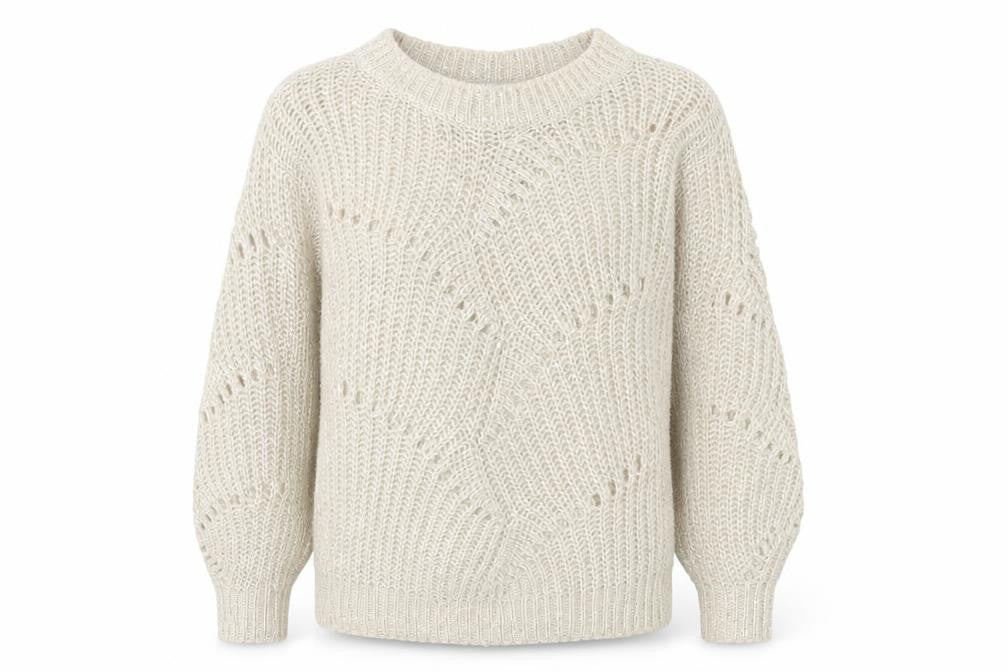 Front view of Next women’s beige crew neck acrylic jumper, size S