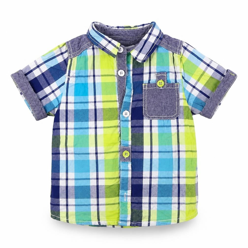 Front view of Delix Par Deux boys’ blue check cotton basic button-up, size 24, months collared button