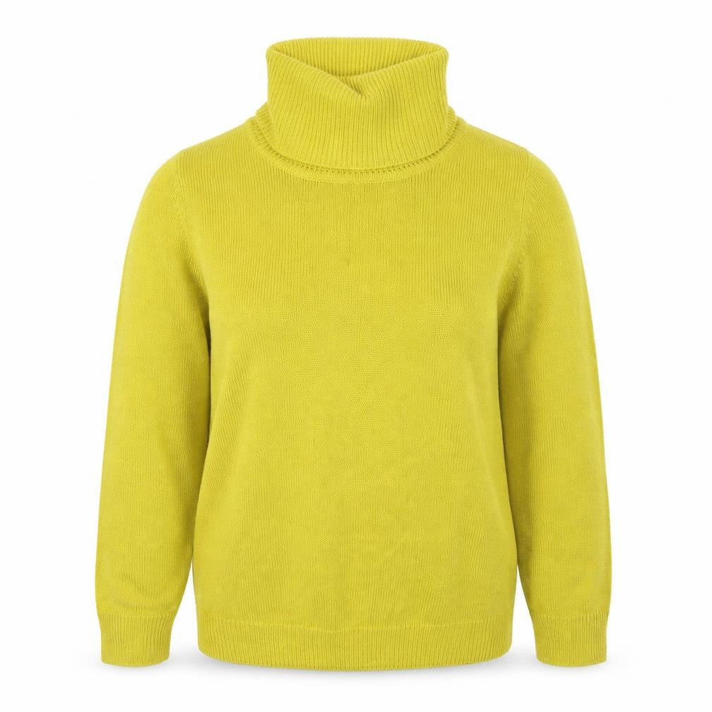 Front view of Damart women’s yellow roll neck acrylic jumper, size UK 10