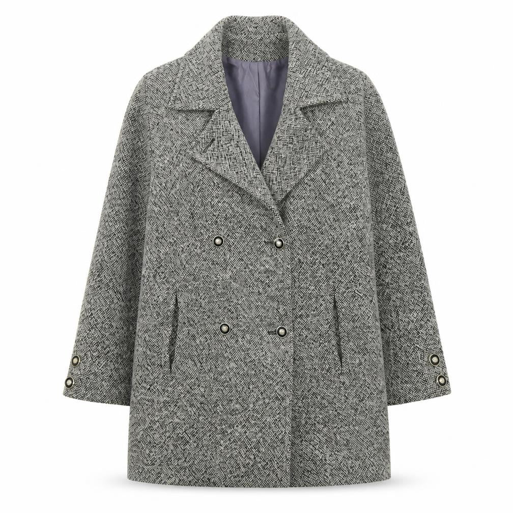 Front view of Kesta London women’s grey pea coat coat, size UK 10, button