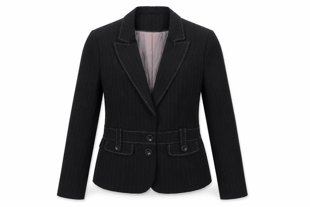 Front view of Autonomy women’s grey striped polyester jacket suit jacket, size UK 14