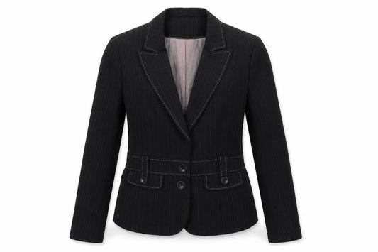 Front view of Autonomy women’s grey striped polyester jacket suit jacket, size UK 14